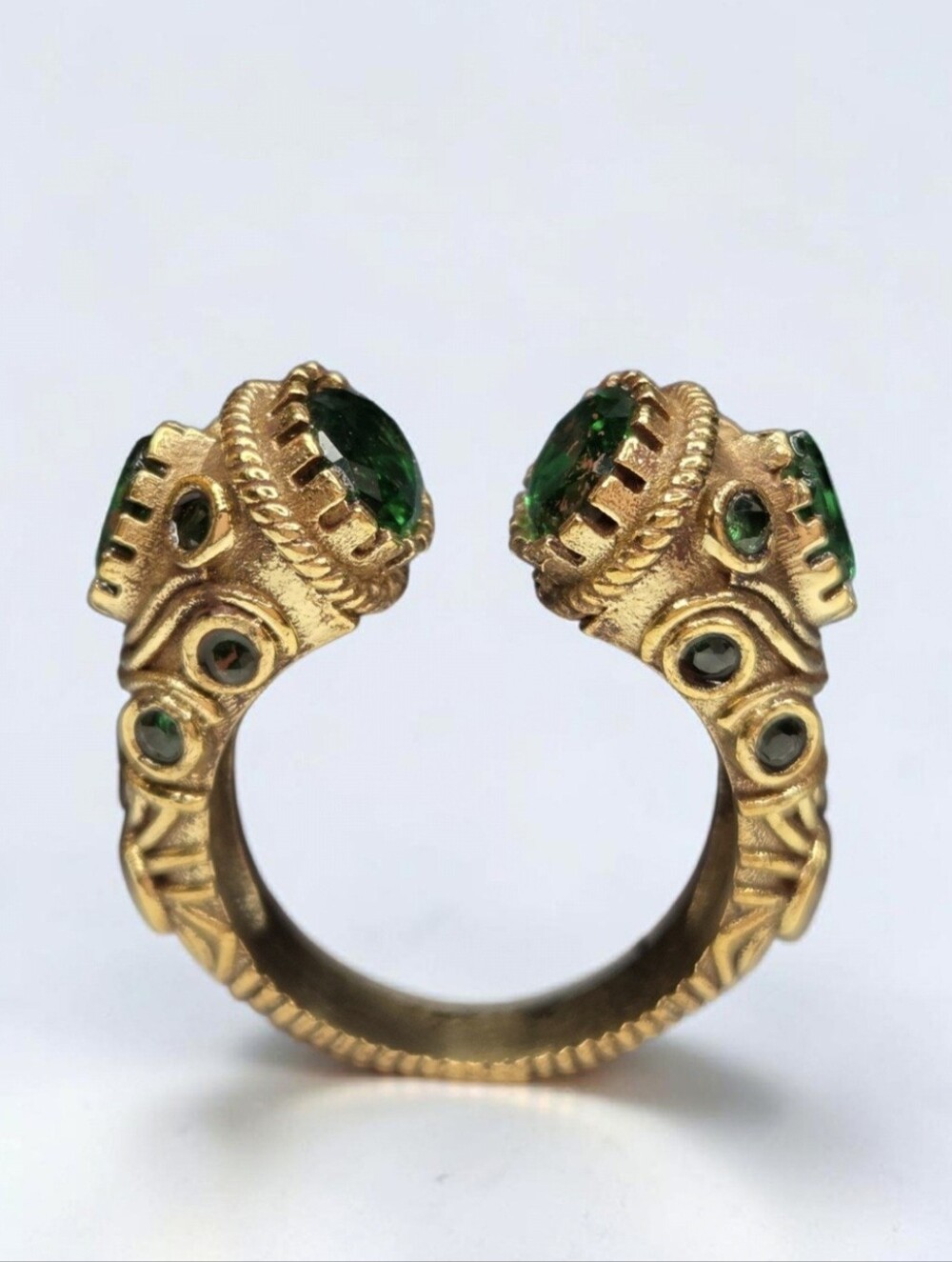 Antique Gold Plated Byzantine Revival Emerald Chunky Ornate Ring